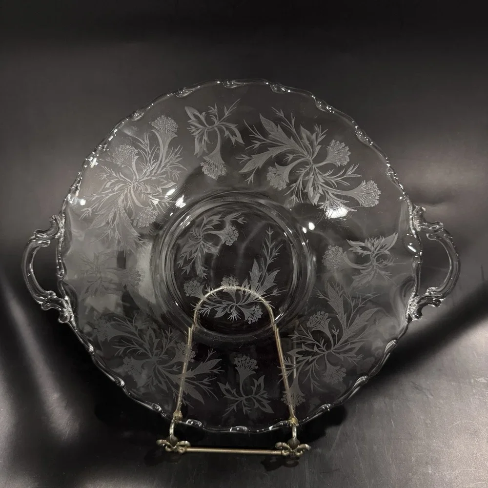 Vintage 9' Pressed Glass Serving Plate w Handles Floral Pattern‎ Scalloped Edge